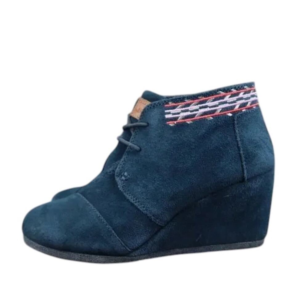 Toms Shoes Womens 6.5 Bootie Wedge Desert Suede Blue Chukka Lace Up Kala Classic - Picture 3 of 9